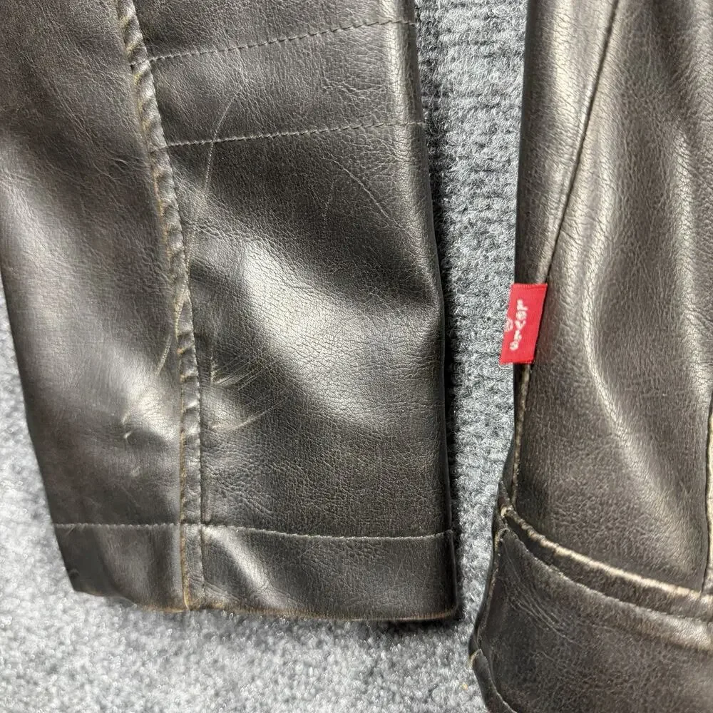Levi’s Men’s Large Black Faux Leather Moto Jacket Full Zip Distressed Biker